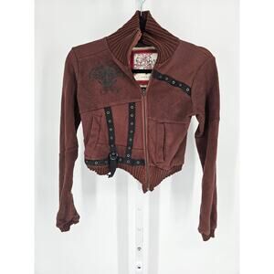 Vintage Y2K Le Shop Womens Sz S Cropped Distressed Cotton Jacket Brown Grunge